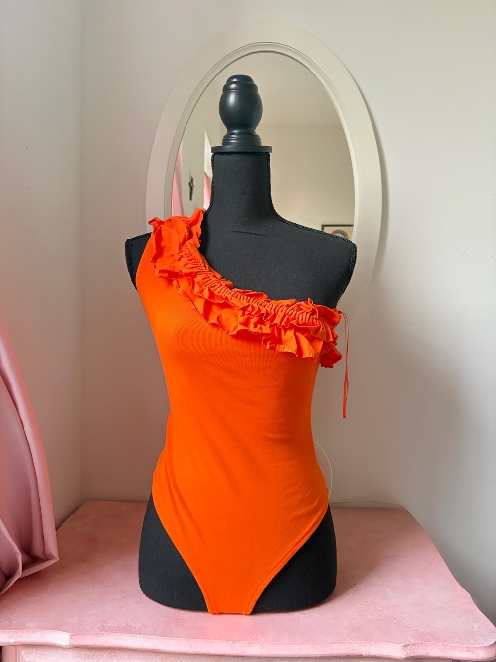 One-Shoulder Ruffle Bodysuit in Bright Orange